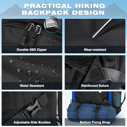 RAINSMORE Wanderrucksack Herren Damen 40L Wasserdichter Rucksack Groß Faltbarer Trekkingrucksack Leicht Reiserucksack Für Klettern Bergsteigen Reisen Schwarz