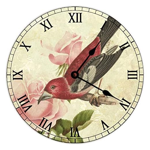 Retro Vintage Bird Wall Clock Garden French Country Tuscan Wall Clock Wooden Wall Clock,Battery Operated,Farmhouse Wall Decor Home Decor for Kitchen,Living Room,Bedroom,Office,12 Inch