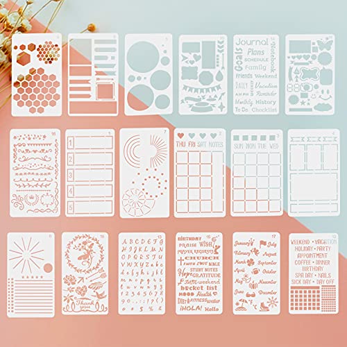 LEEHOWA 18 Pieces Journal Stencils Templates Set, DIY Drawing Templates, Diary Productivity Stencils, Planner Stencil Template for Notebook, Scrapbook, Calendars, Schedule (4*7 inch)