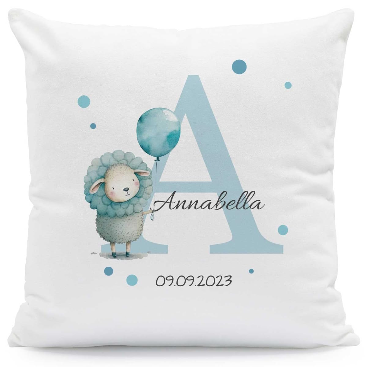 Cojín decorativo personalizado con diseño de animales e inicial, personalizable con nombre y fecha, 40 x 40 cm, con relleno, regalos personalizados para Navidad y cumpleaños, ovejas