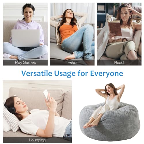 [Sherpa Cover] Large Bean Bag Chair: 4 ft Bean Bag Chairs for Adults/Kids with Filling,Ultra Soft Faux Fur Fabric,Memory Foam Bean Bag with Filler Included - 4 Foot,Heather Gray - Thumbnail 5