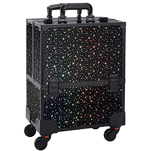 Joligrace Rolling Makeup Case with Wheels Professional Cosmetology Large Train Case Wheeled Cosmetic Trunk with 8 Divided Trays for Makeup Artist, Hair Stylish or Home Use Star Style