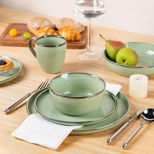 GBhome Geschirrset 4 Personen, 12-tlg Reaktive Glasur Handarbeit Steingut Geschirr Set, Mikrowellen- & Spülmaschinenfest Schüssel- und Teller Set, Pastellgrün, GDW067GN-EU
