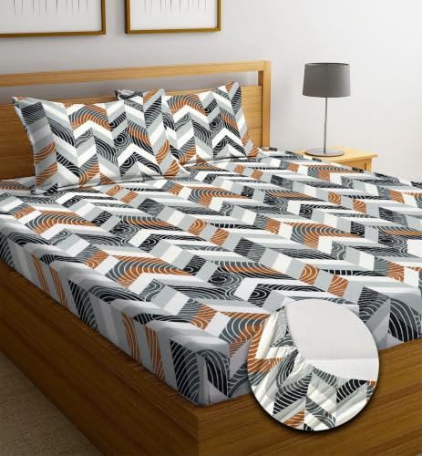 Image of NEW LEAF Premium Cotton Elastic Fitted Bedsheets with 2 King Size Pillow Covers | Double Bed with All Around Elastic 180 TC Supersoft | Size - 72 King Sizex78+10 inches | Rust Grey Geometric
