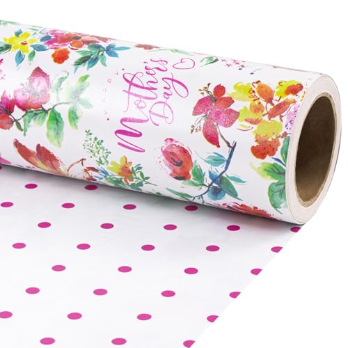 RUSPEPA Reversible Mothers Day Wrapping Paper Roll Mini Roll Watercolor Floral Butterfly & Pink Polka Dot Gift Wrap for Mom Grandma Women Birthday Spring Celebration 17 Inches x 16.4 Feet