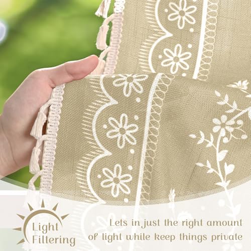 Image of Yinhua Boho Tie Up Curtains for Windows Vintage Linen Valance Light Filtering Floral Valance Rod Pocket Rustic Adjustable Tassel Window Valances for Bathroom, 42 inch W X 45 inch L, Natural