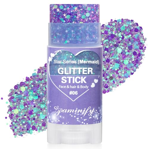 Paminify Purple Hair Glitter Stick for Kids Mardi Gras Outfit for Women Waterproof Mermaid Body Face Glitter Makeup Mardi Gras Accessories Chunky Sequins Halloween Glitter for Carnival Festival