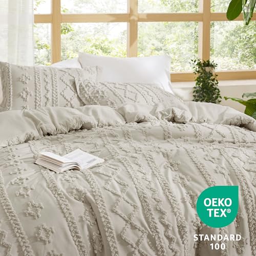 Bedsure Tufted Boho Comforter Set Full Size - Linen Boho Bed Set, GentleSoft™ 3 Pieces Farmhouse Shabby Chic Embroidery Bedding, Gifts for Woman, Soft Jacquard Full Comforter for All Seasons