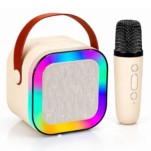 Image of One94Store Portable Bluetooth Speaker 10W with Wireless Karaoke Mic, Bluetooth 5.1, 8H Playtime, 5 Voice Change Effects, RGB LED Lights, TF Card Support, Type-C Charging, Mini Wireless Speaker-Cream