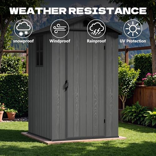 Image of Devoko 4x4 FT Resin Storage Sheds with Floor, Plastic Outdoor Tool Shed with Windows, Waterproof Outside Sheds and Lockable Doors for Backyard Lawn Garden, Dark Gray