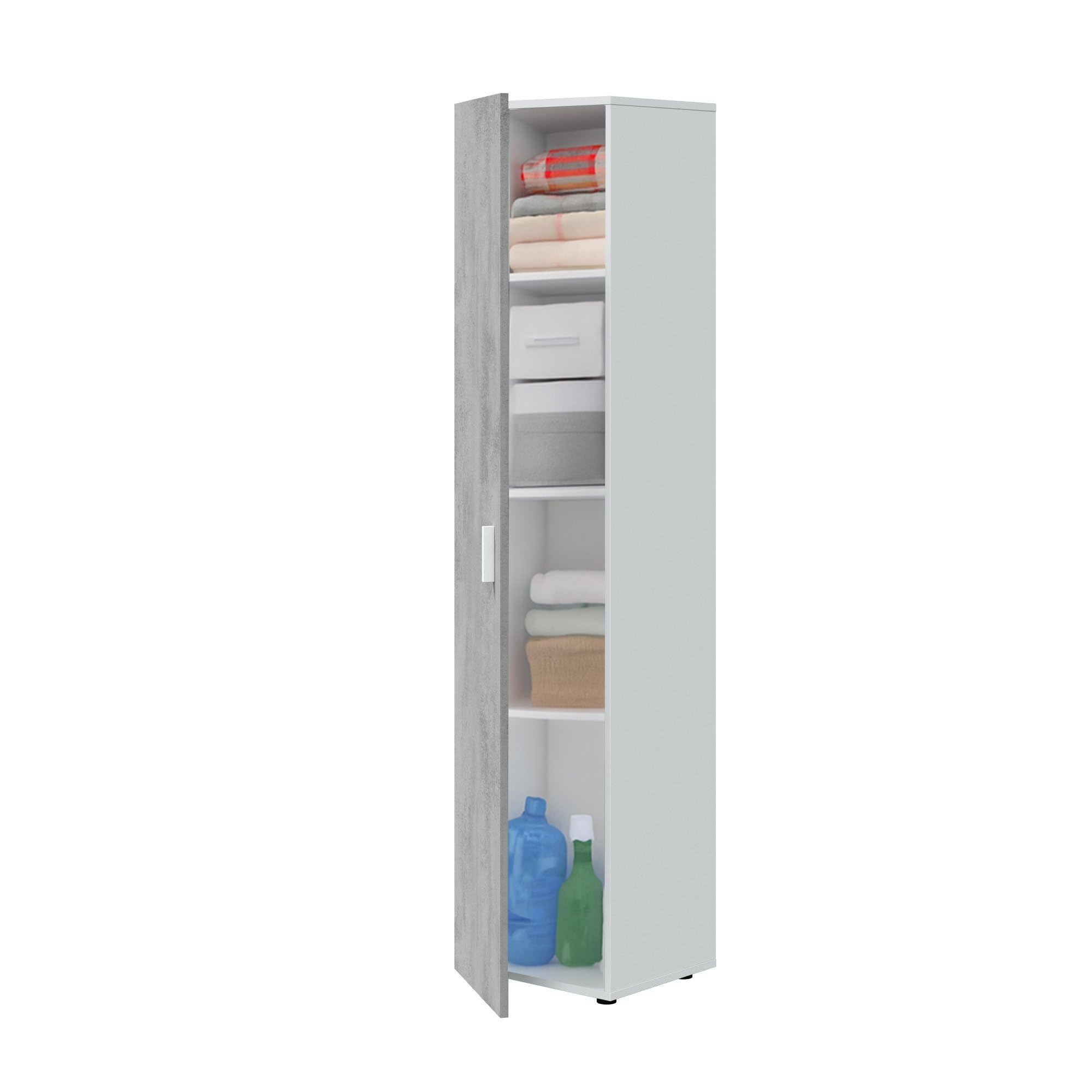 Dmora Armadio multiuso a 1 anta battente e 3 ripiani regolabili, Guardaroba moderno, Mobile alto a colonna, Cm 41x37h182, colore Cemento e Bianco