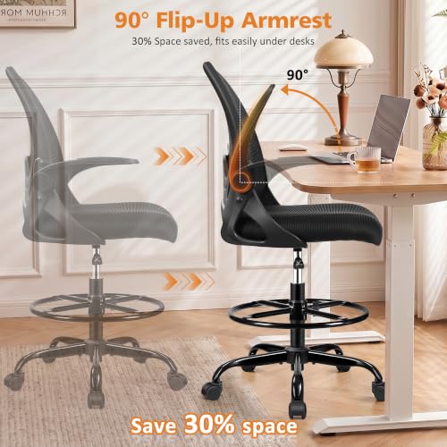 Image of Drafting Chair Tall Office Chair with Flip-up Armrests, Adjustable Height, and Enhanced Lumbar Support - Ergonomic Rolling Stool, Back Support, and Adjustable Foot Rest Ring for Standing Desk Black