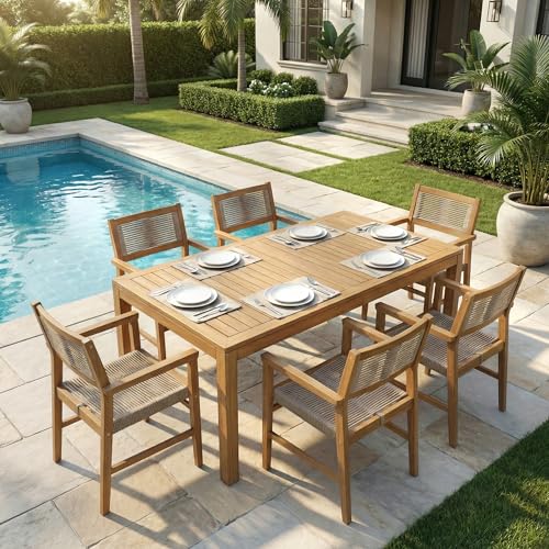 Image of Acacia 7 Pieces Outdoor Dining Set for 6-Person, 63 inch L Classic Rectangular Table & 6 Handwoven Rope Chairs - Eucalyptus Grandis Solid Wood, Weather Resistant Patio Furniture Set, Natural