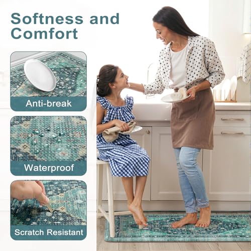 Collive Boho Teal Kitchen Rugs Sets of 2, Washable Kitchen Mats for Floor - image 4