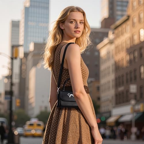 Rancco Crossbody Bag for Women, Black PU Leather Bowknot Shoulder Bag, Purse & Handheld Clutch with Metal Bow, handbag w/Trendy Bag Top Handle, Small Handbags for Vacations, Parties, Romantic Dates4