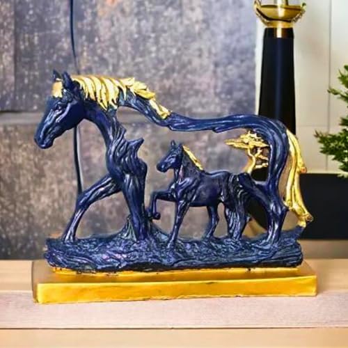 Horse Statue with Baby Horse Resin Finish Animal Figurines Gifts | Horse Statue Showpiece Decorative Items for Good Luck | Fengshui Vastu Home Decor | Living Room Decoration (Blue)