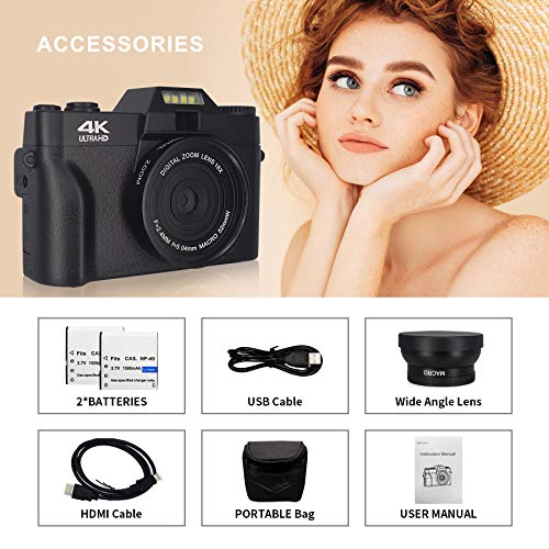 Digital Camera Camcorder with WiFi, 4K 48MP Camera 16X Digital Zoom, YouTube Vlogging Camera with IR Night Vision, 3.0 Inch Flip Screen, Wide Angle Lens with 2 Batteries