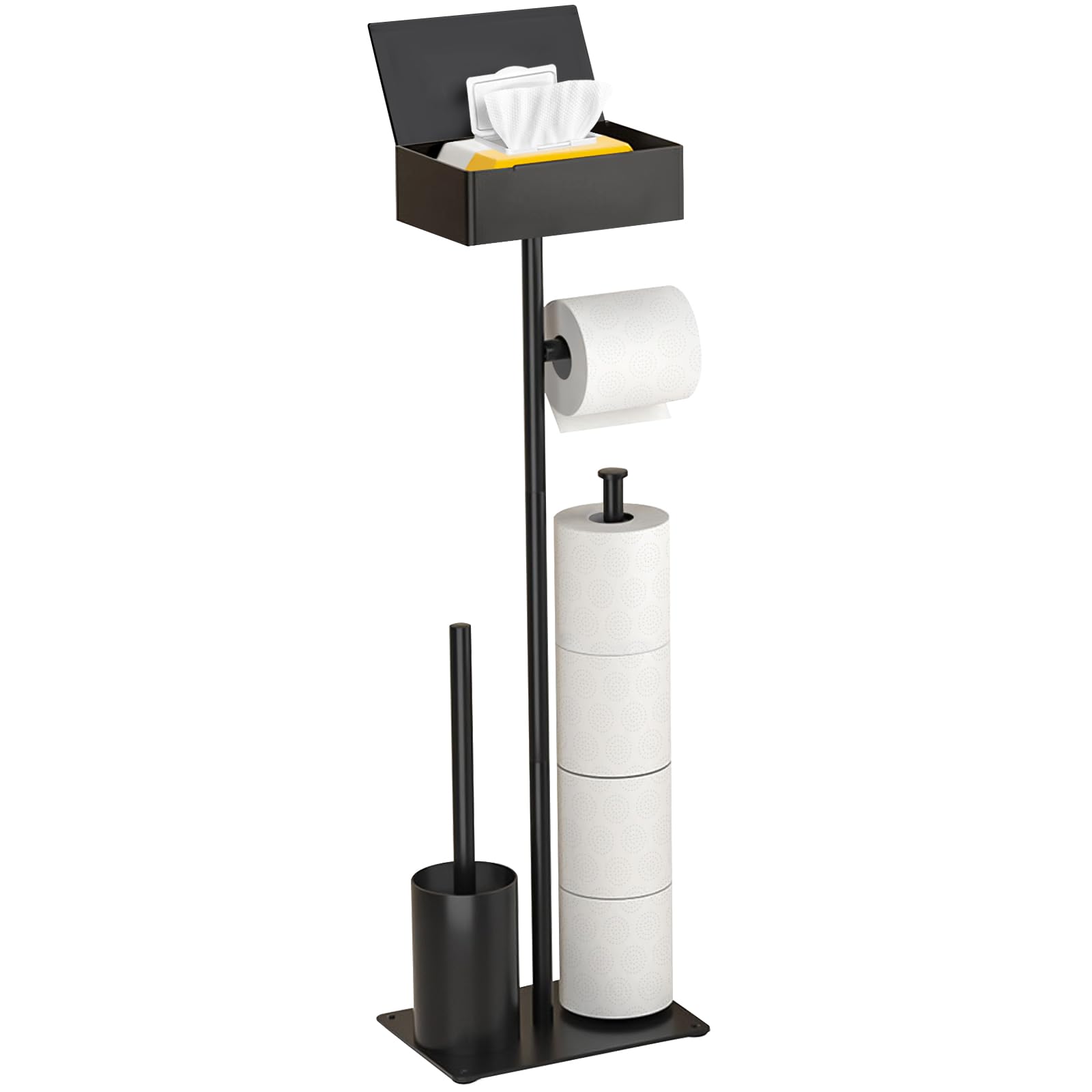 Toilet Paper Holder Stand with Shelf, Flushable Wipes Dispenser, Free Standing Toilet Tissue Roll Storage Rack Organizer for Bathroom, With Toilet Brushes Holder