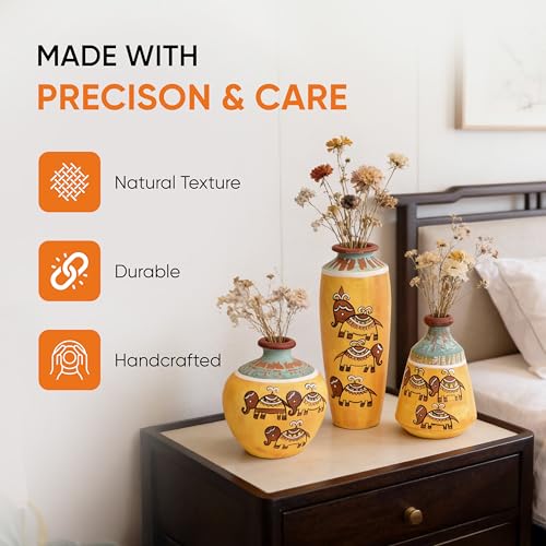 Image of Aakriti Art Creations Terracotta Vases Set of 3 | Handmade Yellow Madhubani Art Happy Elephant Flower Vases Matte Finish Decorative Vases for Home Decor & Gifting