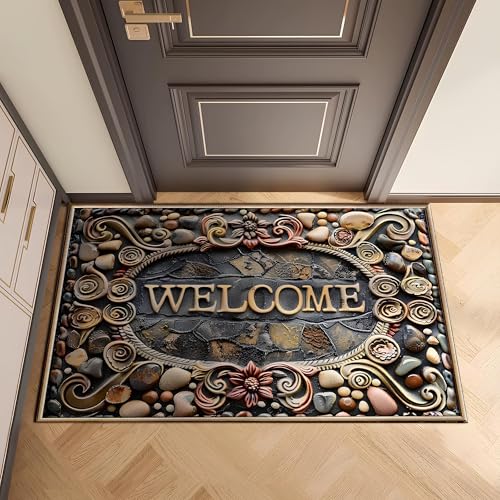 Image of Welcome Doormat for Home Entrance | Non-Slip Rectangular Front Door Mat with Stone & Floral Design | Stylish Indoor Outdoor Dustproof Rug for Entryway, Porch & Living Room Decor