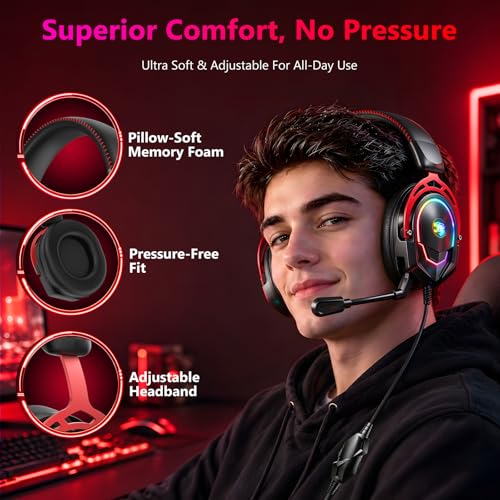 Image of K98 Wired RGB Gaming Headset with Mic, Over Ear Gaming Headphones, 50mm Neodymium Drivers, Noise Isolating Microphone, Memory Foam Cushions, Aluminum Alloy Frame for PC, PS5, PS4, Xbox, Switch
