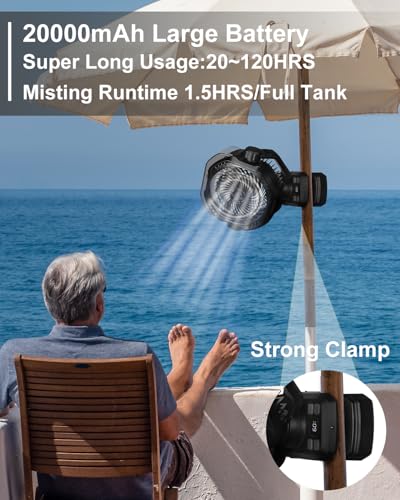 Image of Portable Rechargeable Misting Fan with 12oz Mist, Battery Life Display, Remote, Timer, Light, 5 Speeds, 9-Inch, 20000mAh 120H Battery Powered Clip Fan for Stroller, Travel, Outdoor, Poweroutage