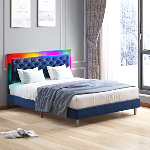 Balus Led Bed Frame/Velvet Upholstered Platform Bed Frame With Rgb Led Headboard /Music Sync Color Changing Led Light Strips&Compatible With Alexa Or App/Wood Slat Support/Easy Assembly(Queen, Blue) #TOP7