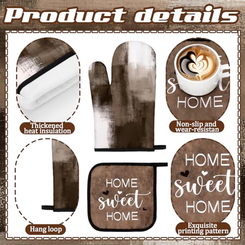 Fourluoo 16 Pcs Decorative Kitchen Set, Brown Kitchen Towels and Dishcloths Non Slip Rugs Mats for Floor Modern Oven Mitts and Pot Holders Sets Placemats Art Abstract Curtains for Home Decoration Gift