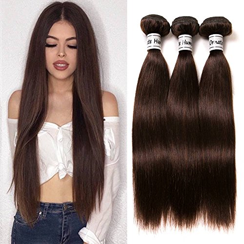 Ornate Hair 8A Grade Virgin Brazilian Body Wave Hair 3 Bundles 100g/bundle 100% Unprocessed Remy Human Hair Weave Extensions #4 Light Brown Full Head …… (8 10 12 Inch, 2# Straight Bundle)