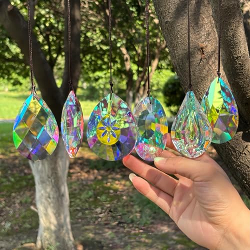 6Pcs Crystal Sun Catcher Prisms, Suncatchers for Windows Hanging, AB Colored Chandelier Crystals Prisms for Room Garden Rainbow Maker Pendants Home Decor