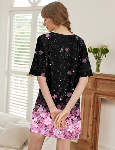 Image of Ekouaer Nightgowns for Women Color Block Sleep Shirt Short Sleeve Sleepwear