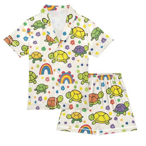 ALAZA Colorful Turtle Polka Dot Satin Pajamas Set Short Sleeve Button Down Sleepwear Summer Pjs 2 Piece