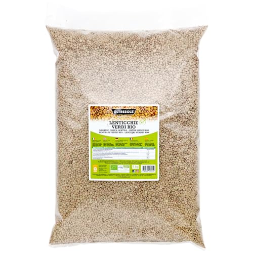 Oltresole, Lentilles vertes biologiques 5 Kg, Légumineuses entières biologiques séchées, source de protéines et de fibres, riches en fibres et en sels minéraux, format pratique