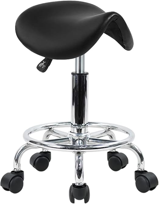KKTONER Saddle Stool with Foot Rest PU Leather Swivel Adjustable Rolling Stool with Wheels Facial Salon Chair (Black)