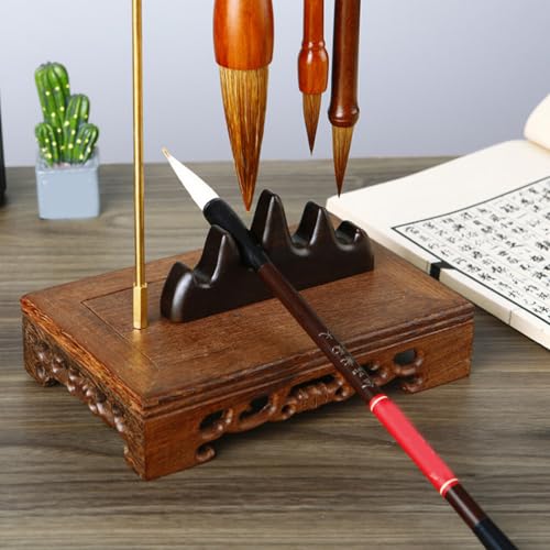 Image of Vintage Wooden Calligraphy Brush Holder - Chinese Brush Hanger Rack for Desktop, Multipurpose Pen Stand, 14.56 X 6.69 X 4.33 Inches