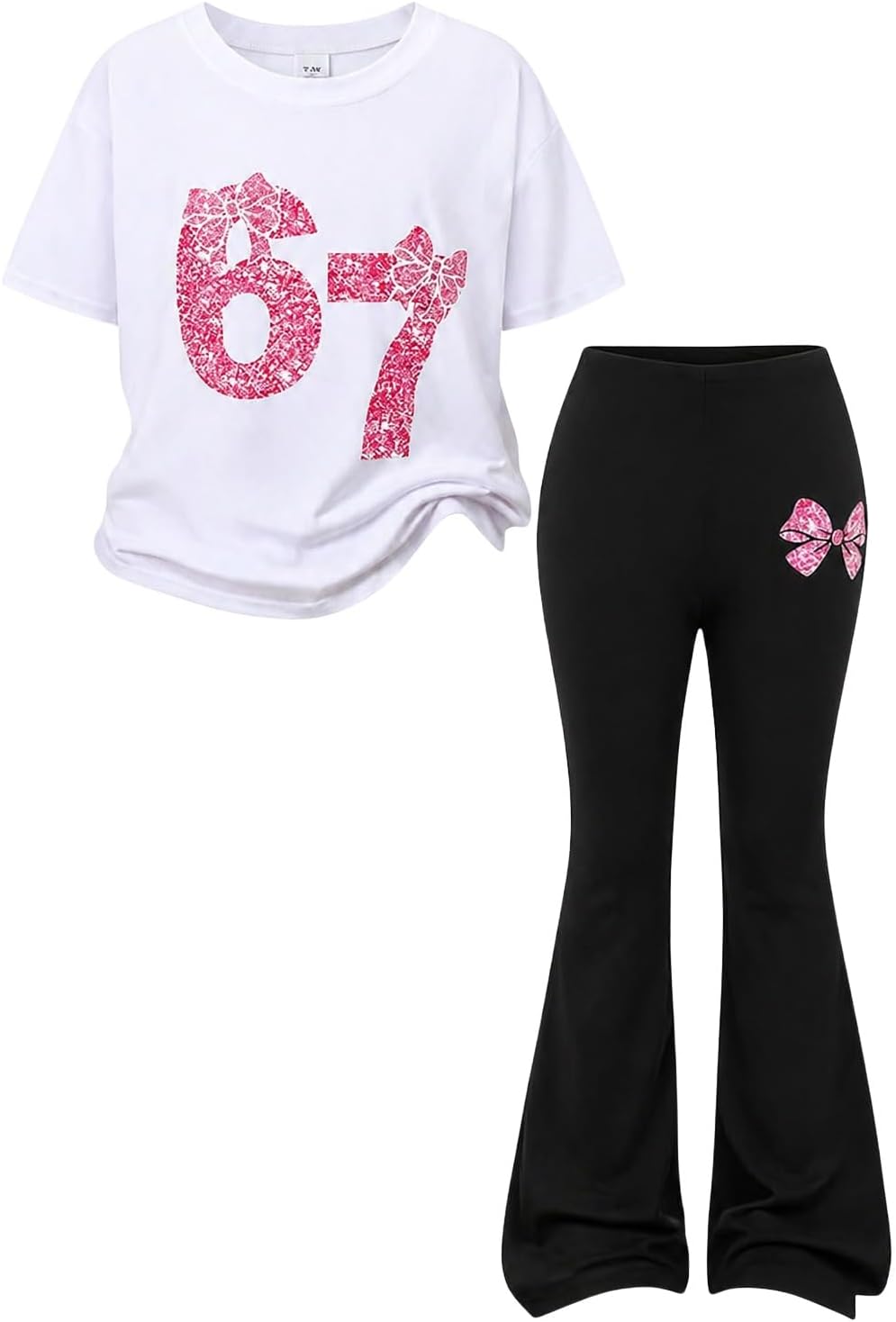 Tween Girls 2PCS Outfit Set 7-14Y Crop Top & Flare Pants with Bowknot and Letter Print Casual Girl Clothes