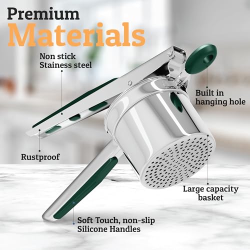 Image of PriorityChef Large 15oz Potato Ricer, Heavy Duty Stainless Steel Potato Masher and Ricer Kitchen Tool, Press and Mash Kitchen Gadget For Perfect Mashed Potatoes - Everytime, Green