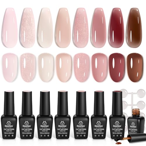 Image of Beetles Pink Jelly Gel Nail Polish, 8Pcs Nude Brown Nails Sunset Rose Collection Gel Polish Nails Art Soak off Uv LED Manicure Gift Set Nail Trend Gift for Women