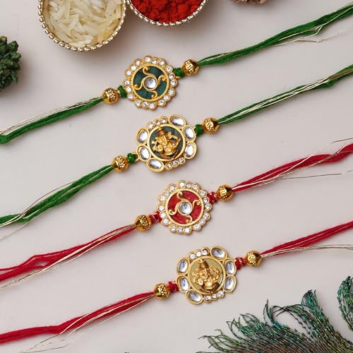 Image of eCraftIndia Set of 4 Red Golden White Pearls Rakhi for Brother Bhaiya Bhai | Roli Chawal Pack | Rakhi Combo