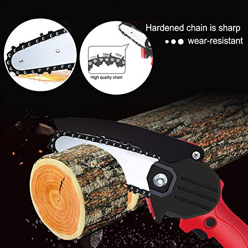 Mini Chainsaw Set Cordless Electric Protable Chainsaw with 4 Chain and Splash Board 0.7kg Lightweight Pruning Shears Chainsaw for Garden Tree Branch Wood Cutting(4-Inch 24V 550W),Mini Chainsaw red