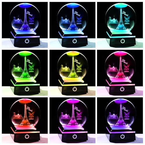 Image of 3D Crystal Ball Eiffer Tower Decor Paris Gifts for Women Men Snow Globe Ornament with LED Base Night Light, Laser Etched Eiffer Towe Statue Souvenirs France Gifts
