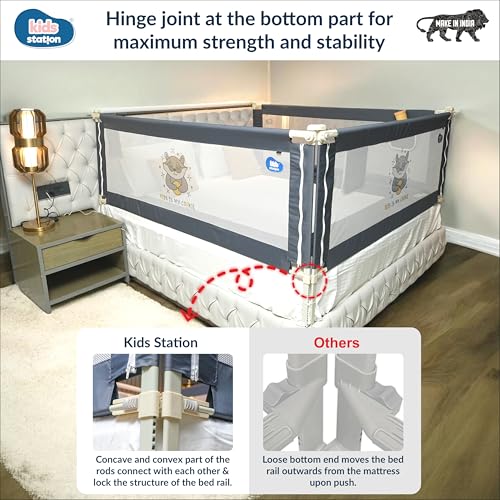 Image of Kids Station 1 Side Premium Bed Rail Guard (6.3ft x 2.6ft / 190cm x 80cm), Bed Railing for Baby Safety, Kids Toddler Bed Protector Side Walls, Adjustable Height, Portable & Foldable (Grey)