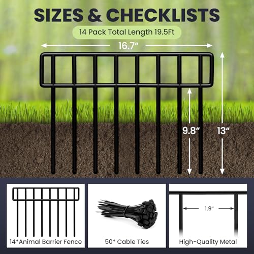 QIAOKAIYAN 19.5 Ft(L) X 13Inch(H)Animal Barrier Fence - 14 Pack No Dig Fence Panels Dog Dig Fence Barrier Metal Small Garden Fence Border for Dogs Rabbits Defense Bottom Blocker for Outdoor Yard Patio