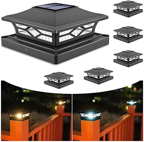 VOLISUN Solar Post Cap Lights,6Pack Outdoor Fence Post Cap Lights,Vinyl Fence Post Solar Lights White/Black Solar Powered Deck Post Lights for Dock Waterproof 2 Color Modes,4x4/6x6 Wooden/Vinyl Posts