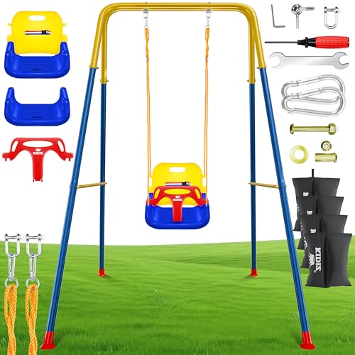 KIDIZ® Babyschaukel mit Gestell 3-in-1 Indoor & Outdoor | Kinderschaukel mit Metallständer höhenverstellbar | Schaukelgestell + 4 Sandsäcke & Sicherheitsgurt | Mitwachsender Schaukelsitz | Bunt