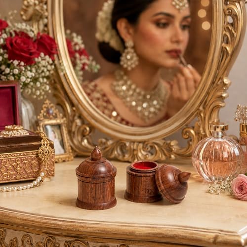 Image of Rosewood Sindoor Dani Kumkum Box Set of 2 for Pooja & Bridal Use | Handmade Wooden Kumkum Dibbi with Lid | Natural Wood Grain Finish | Small Decorative Storage Container | dibbi001