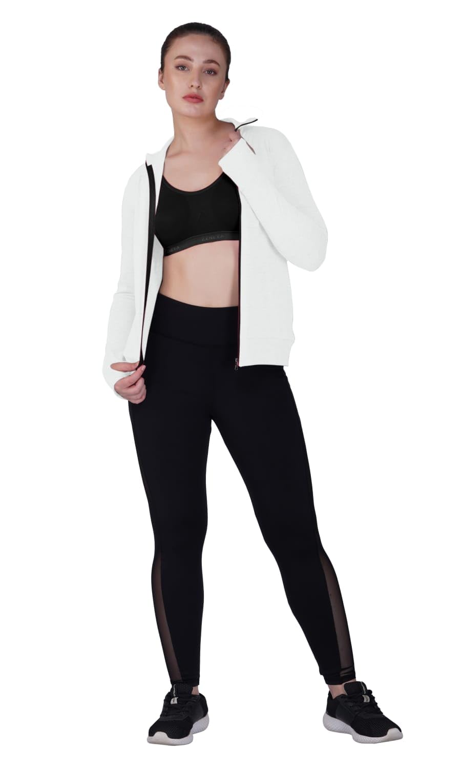 Full Sleeves Sheered Thumbcut Cotton Hoisery Gymwear Sports Zipper Jacket with side pockets and Beautiful Front Zipper on Maindrain Collar for Girls and Women