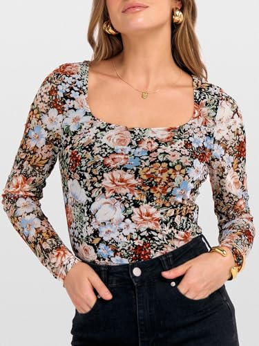Prinbara Womens Mesh Long Sleeve Tops Square Neck Floral Shirts Going Out Slim Fit Basic T Shirts 2025 Fall Outfits2