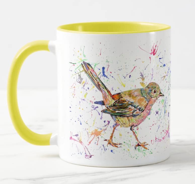 Vixar Nightingale Garden Bird Watercolour Art Coloured Mug Cup Gift Birthday Work Office Christmas Tea Coffee (Yellow)