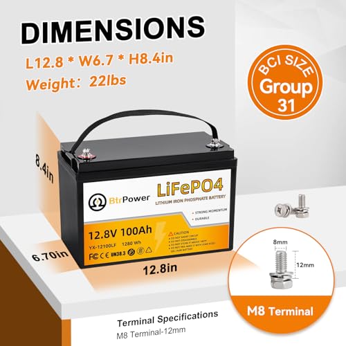 Image of 12V Lithium Battery-100Ah Lithium Phosphate Iron LiFePO4 Deep Cycle Battery,100A BMS,4000+ Cycles,Perfect for RV,Trolling Motor,Home Storage,Solar Power System and Outdoor Camping